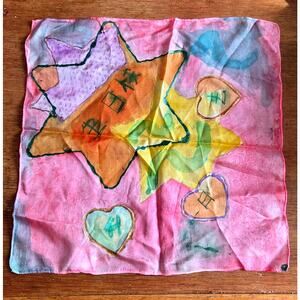 1990's Vtg Arty's Hand Painted Silk Scarf Gold Glitter Hand Rolled Edges